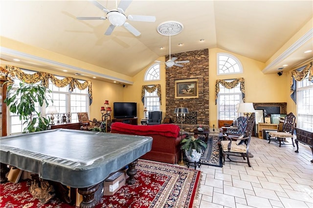 recreation room with ceiling fan, high vaulted ceiling, and pool table