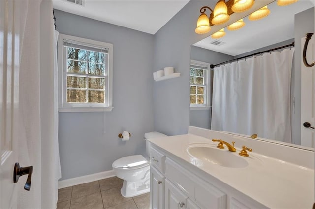 full bathroom with tile patterned floors, visible vents, toilet, baseboards, and vanity