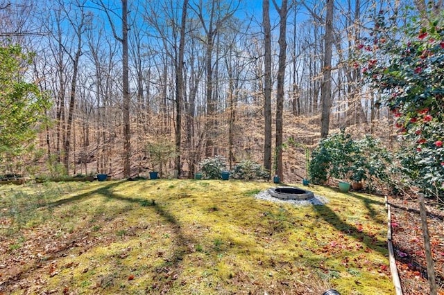 view of yard featuring a forest view and an outdoor fire pit