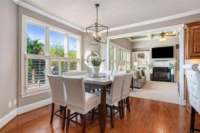 dining room featuring ornamental molding, ceiling fan with notable chandelier, plenty of natural light, and dark wood-type flooring