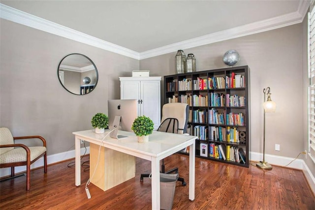 home office with hardwood / wood-style floors and crown molding