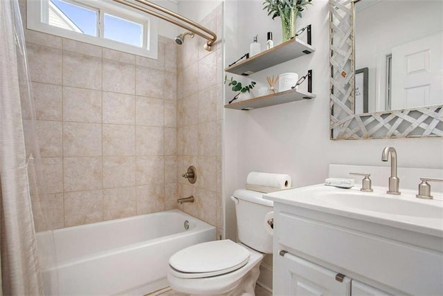 full bathroom featuring vanity, shower / bathtub combination with curtain, and toilet