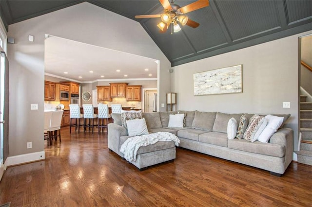 living room with ceiling fan, dark hardwood / wood-style flooring, high vaulted ceiling, and ornamental molding