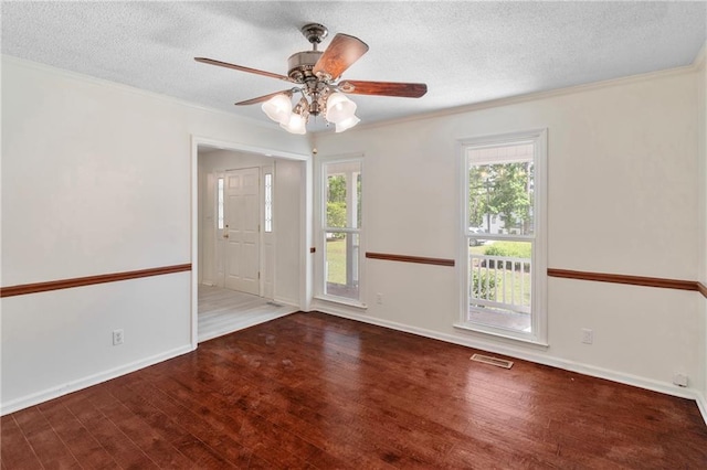 342 Spring Valley Rd, Waynesboro, GA 30830 - empty room with wood finished floors, a textured ceiling, a ceiling fan, crown molding, and baseboards