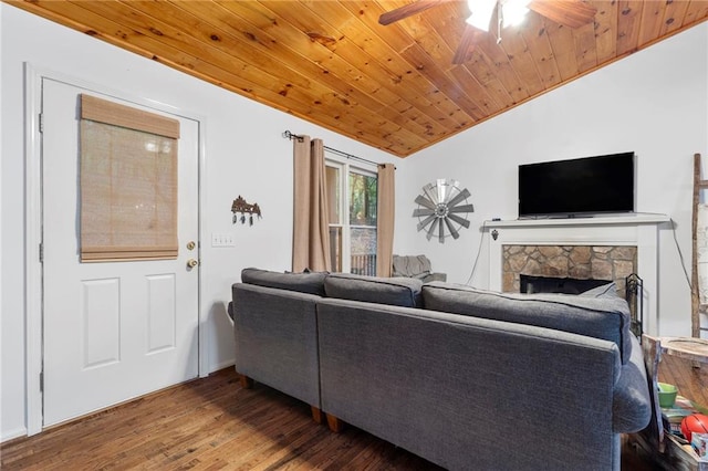 living room with ceiling fan, wooden ceiling, a fireplace, dark hardwood / wood-style floors, and lofted ceiling