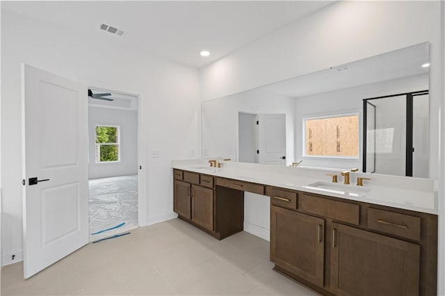 729 Keystone Dr, Woodstock, GA 30188 - full bathroom with double vanity, a stall shower, tile patterned floors, and recessed lighting