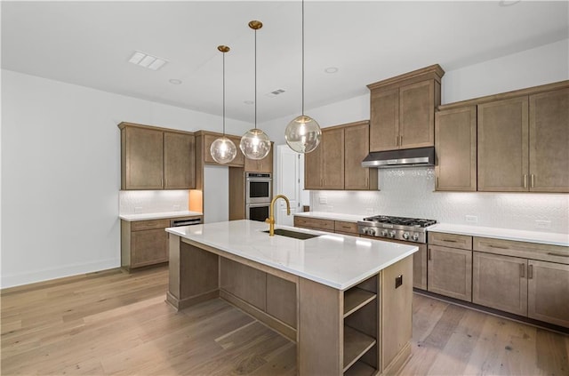 729 Keystone Dr, Woodstock, GA 30188 - kitchen with under cabinet range hood, a sink, appliances with stainless steel finishes, light wood finished floors, and open shelves