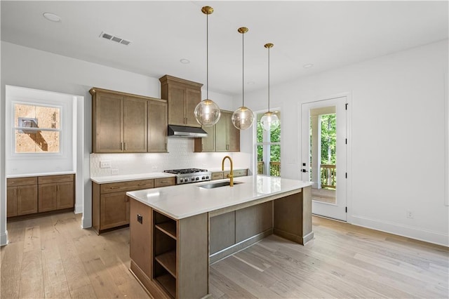 729 Keystone Dr, Woodstock, GA 30188 - kitchen featuring under cabinet range hood, a sink, open shelves, light wood-type flooring, and decorative backsplash