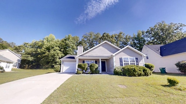 ranch-style home with a chimney, driveway, a front yard, and an attached garage