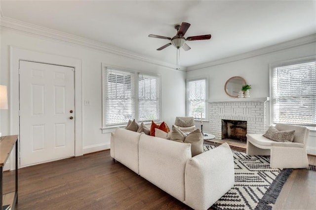 living area with dark wood-type flooring, a fireplace, a ceiling fan, baseboards, and crown molding