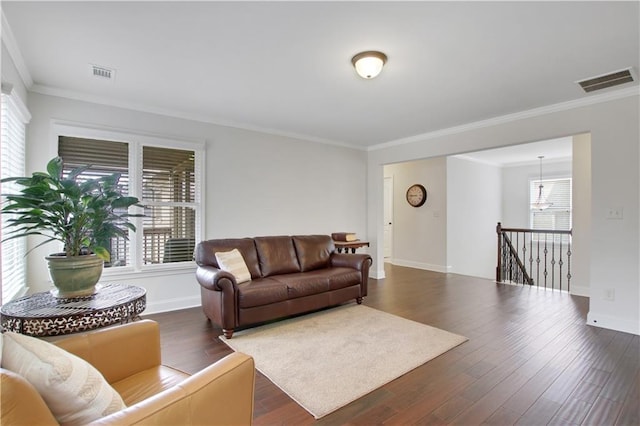 1803 Stone Bridge Way, Marietta, GA 30064 - living area with visible vents, baseboards, ornamental molding, and dark wood-style flooring