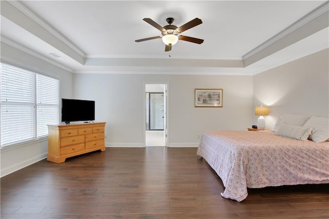1803 Stone Bridge Way, Marietta, GA 30064 - bedroom with a tray ceiling, baseboards, ornamental molding, and dark wood-style flooring