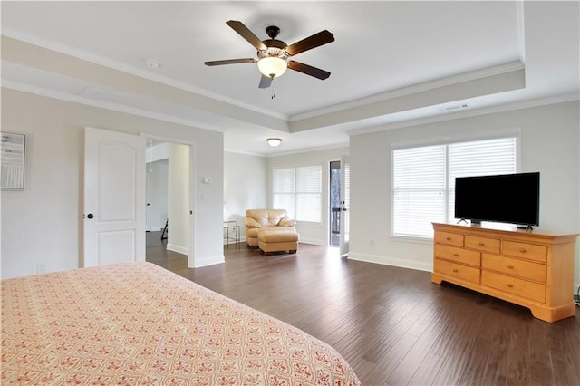 1803 Stone Bridge Way, Marietta, GA 30064 - bedroom featuring visible vents, ornamental molding, baseboards, a raised ceiling, and dark wood-style flooring