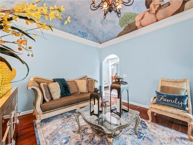 7060 Summit Rdg, Chase, Cumming, GA 30041 - living area with arched walkways, lofted ceiling, hardwood / wood-style flooring, baseboards, and a chandelier