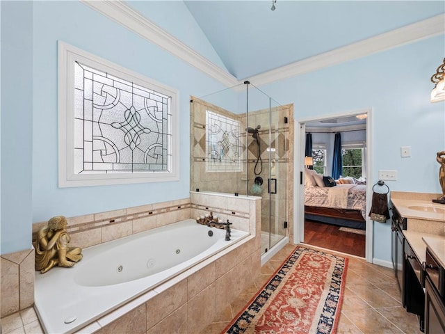 7060 Summit Rdg, Chase, Cumming, GA 30041 - ensuite bathroom featuring a stall shower, a whirlpool tub, vanity, lofted ceiling, and tile patterned flooring