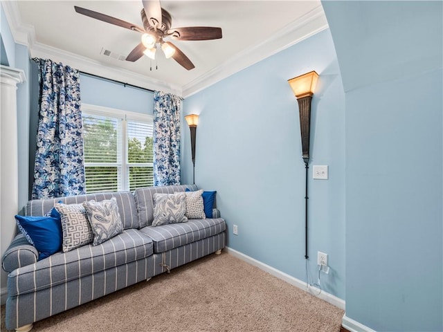 7060 Summit Rdg, Chase, Cumming, GA 30041 - living area featuring crown molding, baseboards, ceiling fan, and carpet flooring