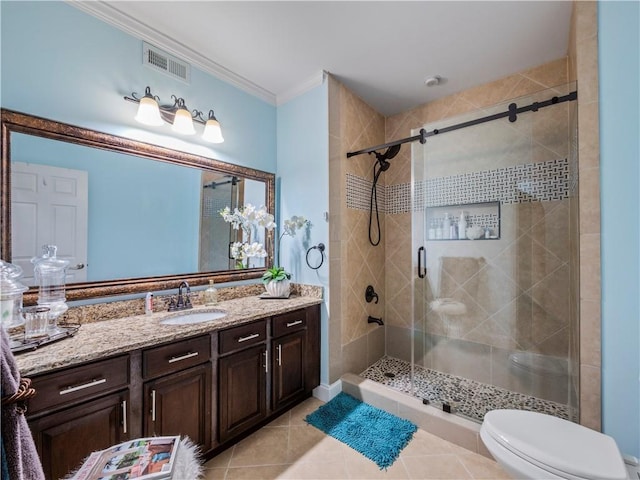 7060 Summit Rdg, Chase, Cumming, GA 30041 - bathroom featuring ornamental molding, vanity, a shower stall, toilet, and tile patterned flooring