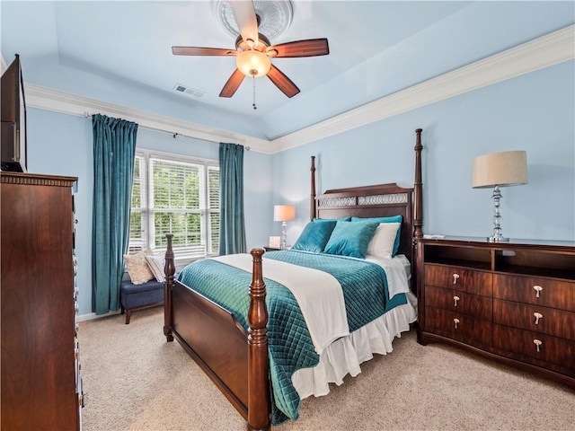 7060 Summit Rdg, Chase, Cumming, GA 30041 - carpeted bedroom with a tray ceiling, a ceiling fan, and ornamental molding