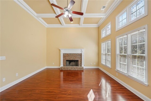 2143 Great Shoals Cir, Lawrenceville, GA 30045 - unfurnished living room featuring a brick fireplace, baseboards, dark wood finished floors, and coffered ceiling