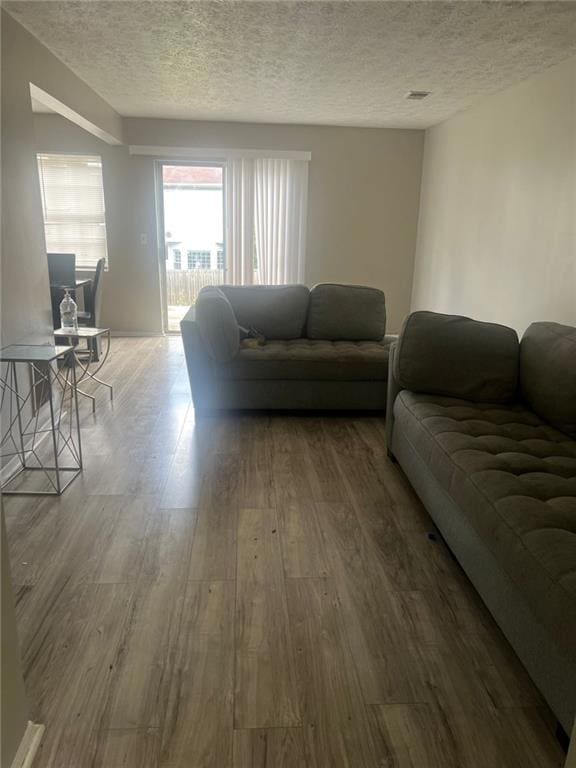 living room featuring hardwood / wood-style floors and a textured ceiling