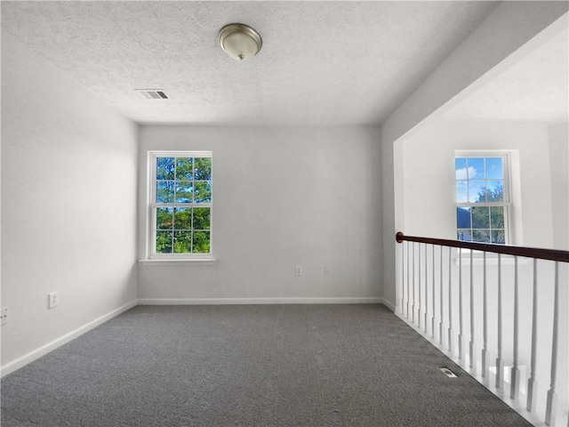 carpeted empty room with a healthy amount of sunlight and a textured ceiling