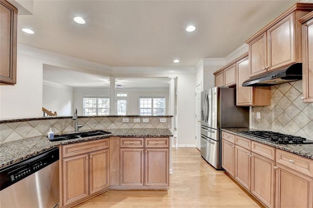 kitchen with stone counters, crown molding, stainless steel appliances, a sink, and under cabinet range hood