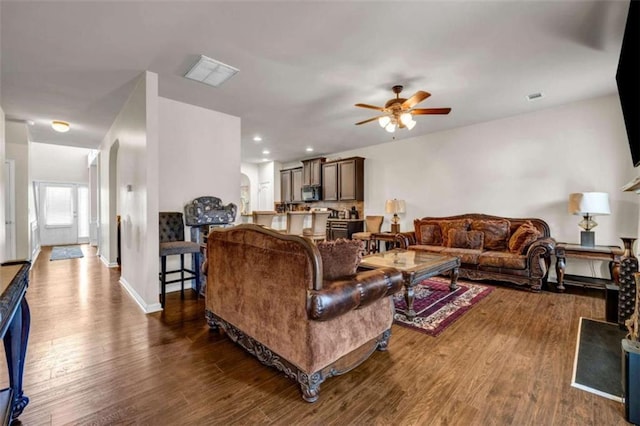 29 Madrid Ave, Newnan, GA 30263 - living area with a ceiling fan, dark wood-style floors, baseboards, and recessed lighting