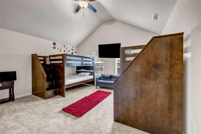 29 Madrid Ave, Newnan, GA 30263 - carpeted bedroom with vaulted ceiling, ceiling fan, and baseboards