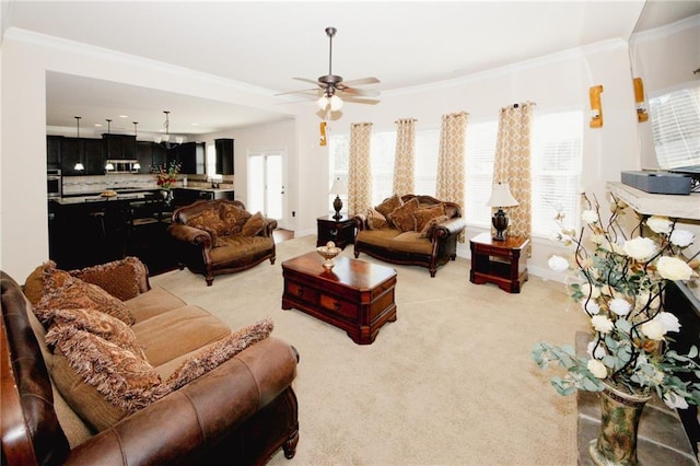 4594 Marching Ln, Fairburn, GA 30213 - living room with ceiling fan, ornamental molding, and light colored carpet