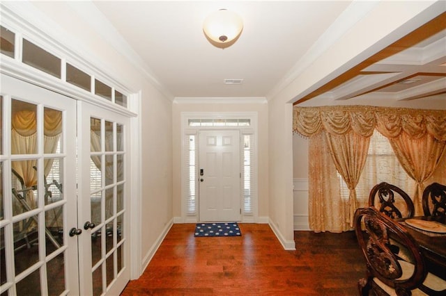4594 Marching Ln, Fairburn, GA 30213 - foyer entrance featuring dark wood-style floors, french doors, visible vents, and crown molding