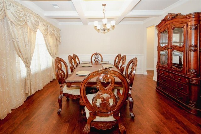 4594 Marching Ln, Fairburn, GA 30213 - dining room with a chandelier, dark wood-type flooring, coffered ceiling, visible vents, and beamed ceiling