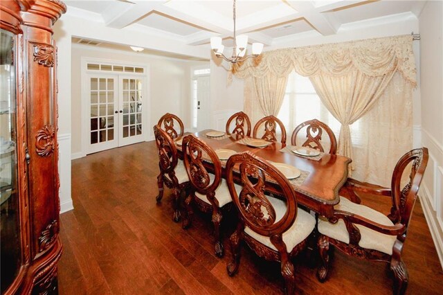 4594 Marching Ln, Fairburn, GA 30213 - dining area featuring french doors, visible vents, an inviting chandelier, dark wood-type flooring, and coffered ceiling