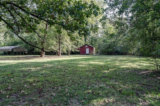 view of yard featuring a carport and a shed