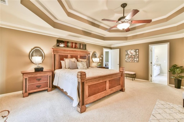 2727 Lost Mill Trce, Buford, GA 30519 - bedroom with baseboards, ornamental molding, light carpet, and a tray ceiling