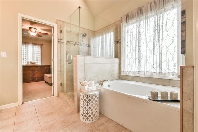 2727 Lost Mill Trce, Buford, GA 30519 - bathroom with a stall shower, tile patterned flooring, ceiling fan, and a bath