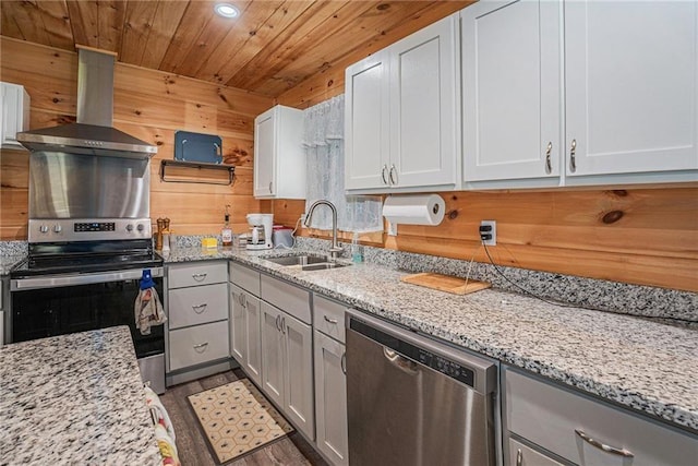 kitchen with light stone counters, wood ceiling, stainless steel appliances, a sink, and ventilation hood