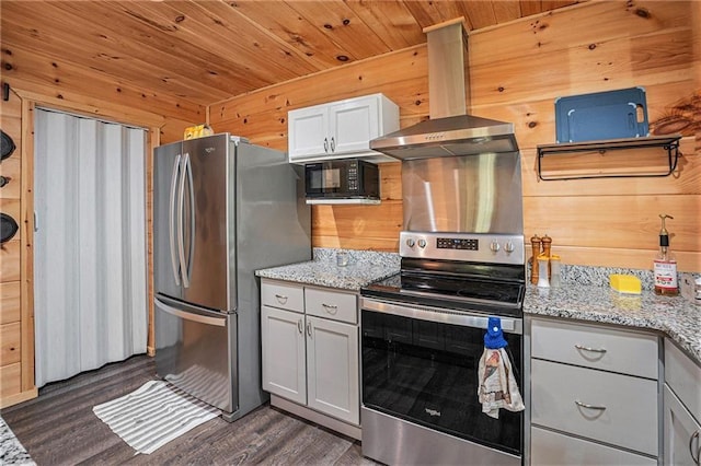 kitchen with stainless steel appliances, wood walls, wood ceiling, island range hood, and dark wood finished floors