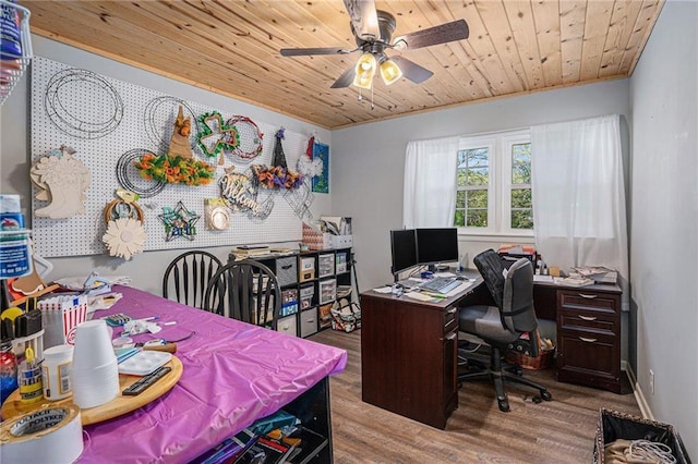 office area featuring a ceiling fan, wooden ceiling, and wood finished floors