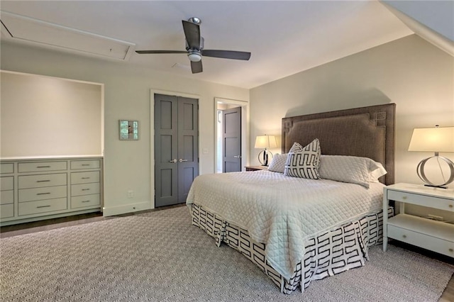 bedroom with ceiling fan, a closet, and carpet