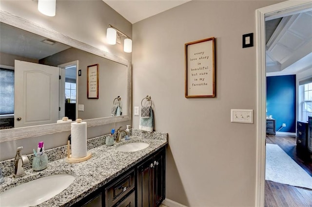 bathroom with double vanity, wood finished floors, a sink, and baseboards