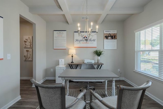 office space featuring beam ceiling, dark hardwood / wood-style flooring, an inviting chandelier, and coffered ceiling