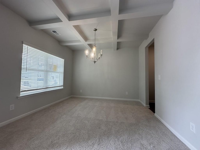 empty room featuring baseboards, visible vents, coffered ceiling, a notable chandelier, and beam ceiling