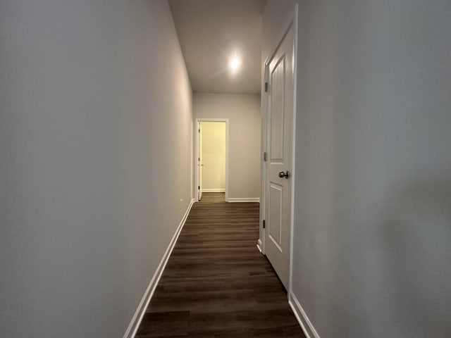 hallway with baseboards and dark wood-style flooring