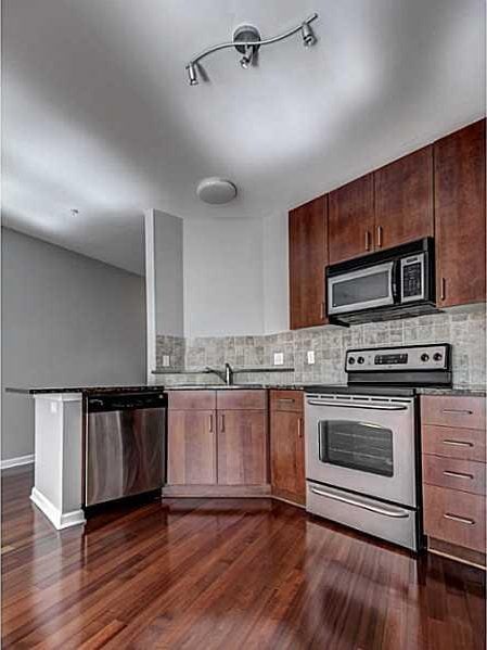 kitchen featuring tasteful backsplash, sink, dark hardwood / wood-style flooring, and appliances with stainless steel finishes