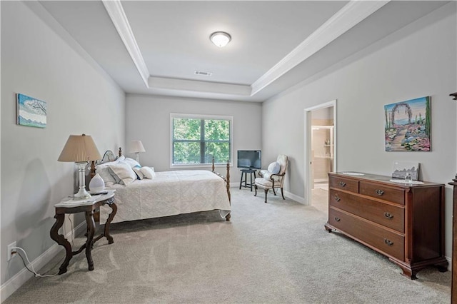 221 Irwell Path, Lawrenceville, GA 30044 - bedroom featuring a raised ceiling, light carpet, baseboards, ensuite bathroom, and crown molding