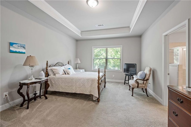 221 Irwell Path, Lawrenceville, GA 30044 - bedroom featuring a tray ceiling, light colored carpet, baseboards, and crown molding
