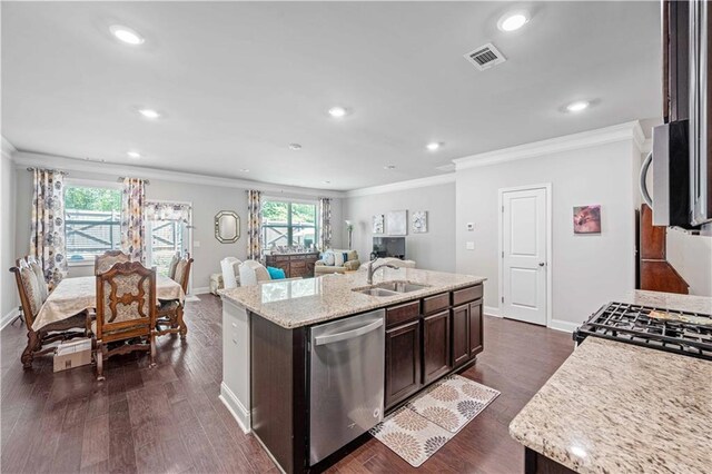 221 Irwell Path, Lawrenceville, GA 30044 - kitchen featuring stainless steel appliances, a sink, crown molding, baseboards, and dark brown cabinets