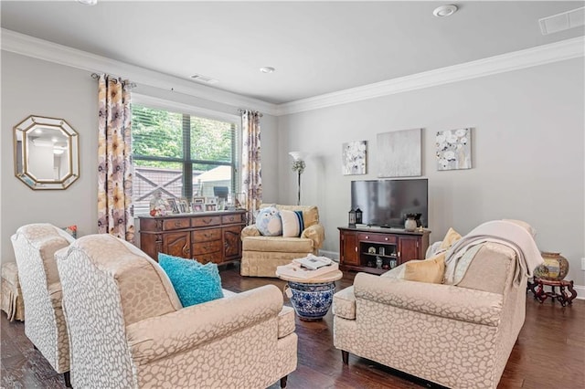 221 Irwell Path, Lawrenceville, GA 30044 - living area with ornamental molding, dark wood-style flooring, and baseboards