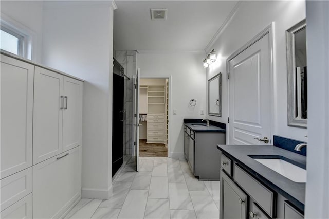 bathroom featuring crown molding, visible vents, two vanities, and a sink