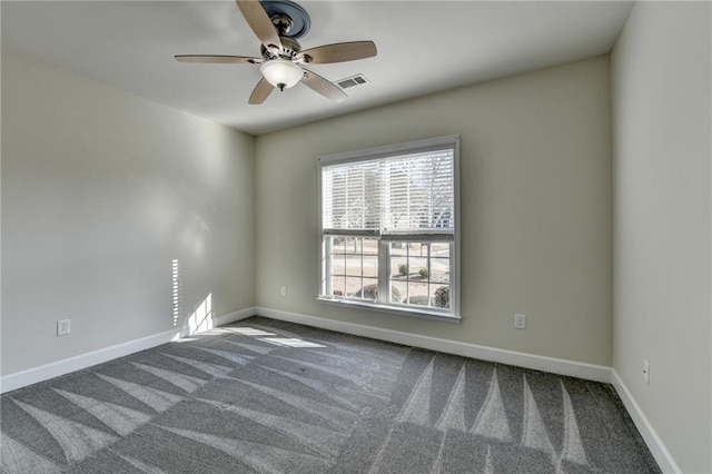 unfurnished room featuring a ceiling fan, carpet flooring, visible vents, and baseboards